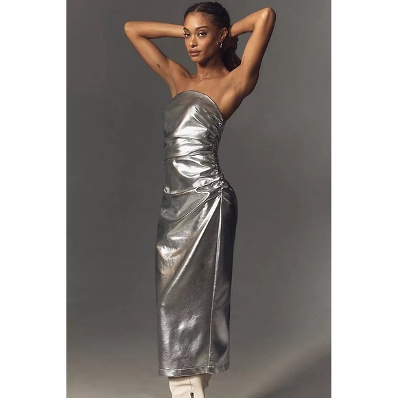 NWT By Anthropologie Metallic Silver Ruched Midi Soleil Dress $170 NYE Back Slit